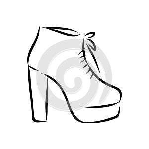 Hand drawn beautiful leather woman boot with high heel. Fashion illustration isolated on white background, boots, vector sketch