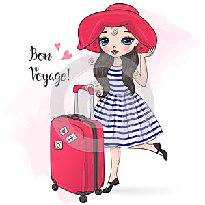 Hand drawn beautiful  lovely girl with a suitcase standing on the background with the words Bon voyage. photo