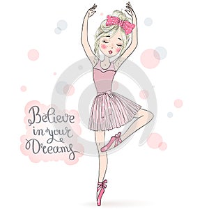 Hand drawn beautiful, lovely, little ballerina girl with freckles and wreath on her head.