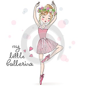 Hand drawn beautiful, lovely, little ballerina girl with freckles and wreath on her head.