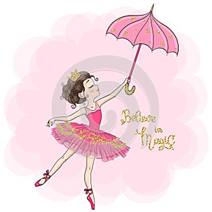 Hand drawn beautiful  lovely  little ballerina girl with umbrella and crown on her head.