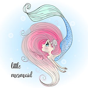 Hand drawn beautiful, lovely, little mermaid girl.