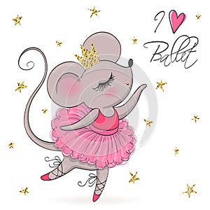 Hand drawn beautiful, lovely, little mouse ballerina girl with crown on her head.