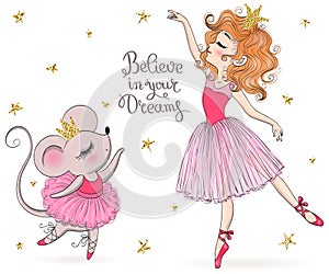 Hand drawn beautiful, lovely, little mouse and ballerina girl with crown on her heads.