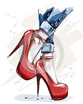 Hand drawn beautiful red shoes with high heels. Fashion accessories. Stylish women shoes.