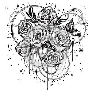 Hand-drawn beautiful roses in linear style with sacred geometry and stars. Tattoo art. Graphic vintage composition. Vector art.