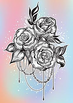 Hand-drawn beautiful roses in linear style. Tattoo art. Graphic vintage composition. Vector illustration isolated.