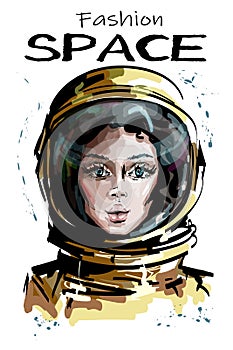 Hand drawn beautiful space woman portrait. Stylish female astronaut. Space woman character in spacesuit. photo