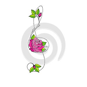 Hand drawn beautiful Treble clef with rose.