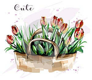 Hand drawn beautiful tulips bouquet. Cute flowers. Sketch. Fashion set.