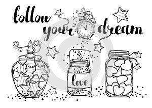 Hand drawn beautiful vintage jars full of stars, hearts and love. Boho style. Vector art illustrating the concept of love.