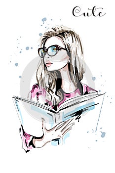 Hand drawn beautiful woman with book. Fashion woman in eyeglasses. Stylish blond hair girl portrait. Sketch. photo