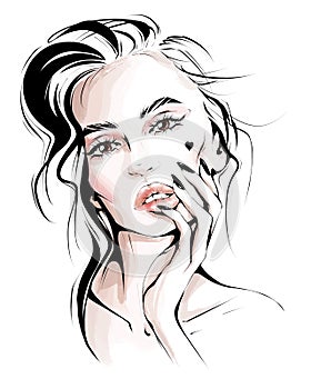 Hand drawn beautiful woman face. Stylish blonde hair girl. Fashion woman. Fashion illustration.