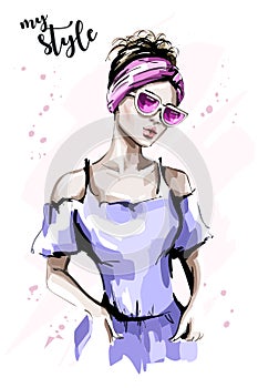 Hand drawn beautiful woman in headband. Fashion woman in sunglasses. Stylish lady portrait.