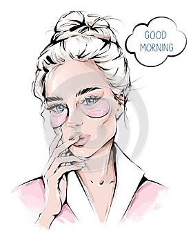 Hand drawn beautiful woman with hydrogel eye patches on her face. Stylish blonde hair girl. Womenâ€™s morning routine. Sketch.