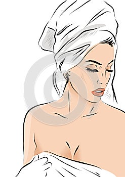 Hand drawn beautiful woman portrait. Fashion woman with bath towel on her head. Sketch. Vector illustration.