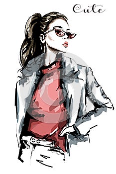 Hand drawn beautiful woman portrait. Fashion woman in sunglasses. Sketch.