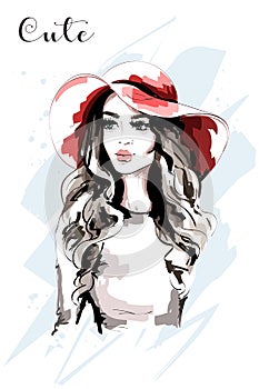 Hand drawn beautiful woman in red hat. Fashion lady. Stylish young woman portrait.