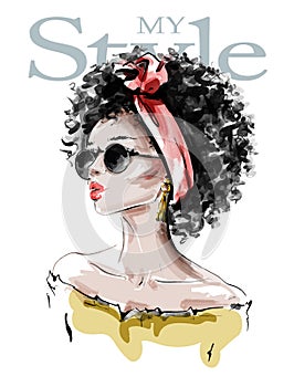 Hand drawn beautiful young African American woman with afro hairstyle. Stylish black skin girl in sunglasses. Fashion woman look.