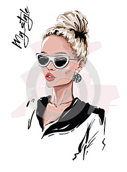 Hand drawn beautiful young blonde hair woman in sunglasses. Stylish girl with bun hairstyle. Fashion woman look. Sketch.