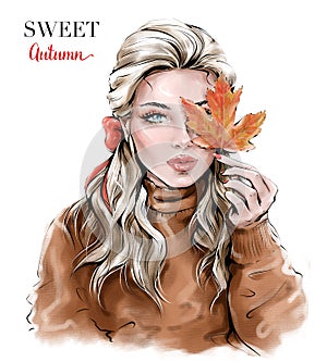 Hand drawn beautiful young woman with autumn leaf. Fashion woman. photo