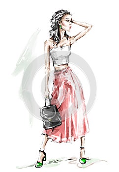 Hand drawn beautiful young woman with backpack. Stylish girl in red skirt. Fashion woman look. Sketch.