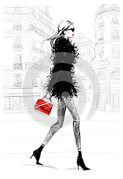 Hand drawn beautiful young woman with bag. Fashion look. Stylish girl walking with Paris street background.