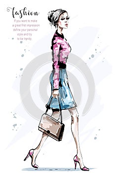 Hand drawn beautiful young woman with bag. Stylish elegant girl. Fashion woman walking.