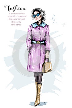 Hand drawn beautiful young woman with bag. Stylish girl in coat. Fashion woman look.