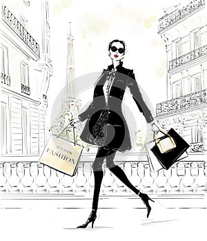 Hand drawn beautiful young woman with bags. Fashion look. Stylish girl in fashion clothes with Paris street background. Sketch.