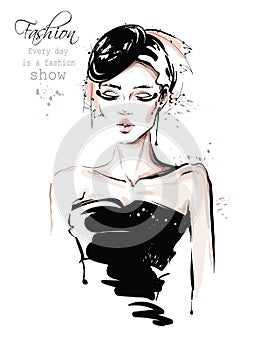 Hand drawn beautiful young woman in black hat. Stylish girl. Fashion woman look. Sketch.