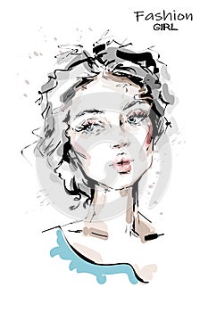 Hand drawn beautiful young woman with blue eyes. Stylish girl. Fashion woman face. Sketch.