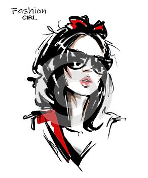 Hand drawn beautiful young woman with bow in her hair. Stylish girl. Fashion woman look. Sketch.