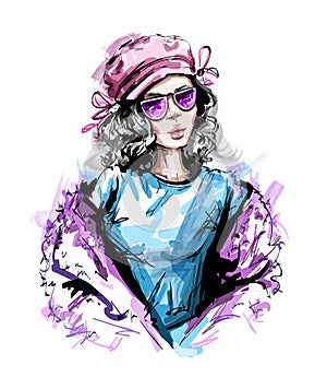 Hand drawn beautiful young woman in cap. Stylish elegant girl look. Fashion woman portrait.