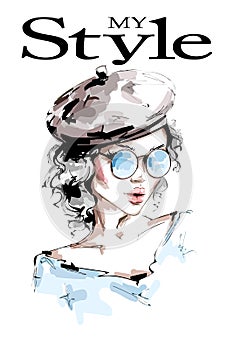 Hand drawn beautiful young woman in cap. Stylish girl in sunglasses. Fashion woman look. Beautiful female face. Sketch.