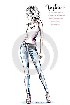 Hand drawn beautiful young woman in casual clothing. Stylish girl. Fashion woman look. Sketch.