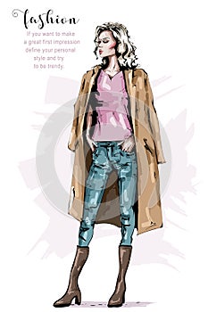 Hand drawn beautiful young woman in coat. Stylish elegant girl. Fashion woman look. Fashion winter outfit.