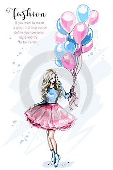 Hand drawn beautiful young woman with colorful balloons. Fashion blond hair woman. Stylish girl.