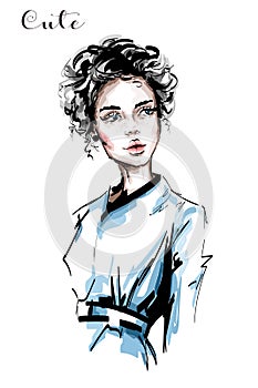 Hand drawn beautiful young woman with curly hair and freckles on her face. Stylish elegant girl. Fashion woman portrait.