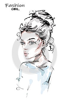 Hand drawn beautiful young woman with cute hairstyle. Stylish girl. Fashion woman look.