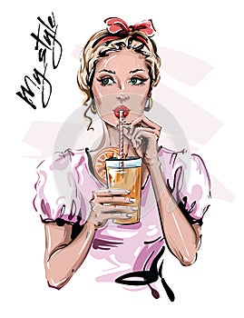 Hand drawn beautiful young woman with drink. Stylish pin-up girl with head accessory. Fashion woman look. Sketch.