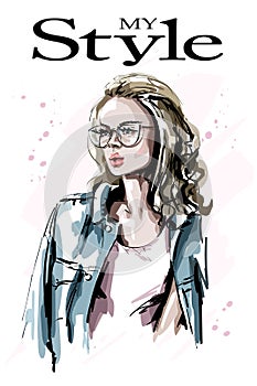 Hand drawn beautiful young woman in eyeglasses. Fashion blonde hair woman. Stylish girl.