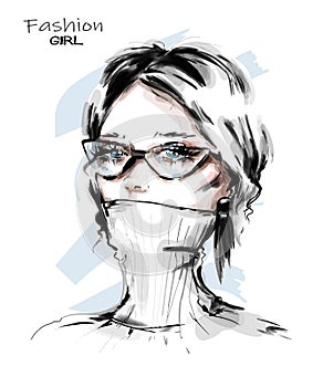 Hand drawn beautiful young woman in eyeglasses. Stylish elegant girl. Fashion woman look. Sketch.