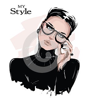 Hand drawn beautiful young woman in eyeglasses. Stylish girl in black shirt. Fashion woman look. Sketch.