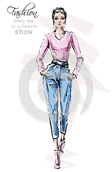 Hand drawn beautiful young woman in fashion clothes. Stylish girl walking. Fashion woman look. Sketch.