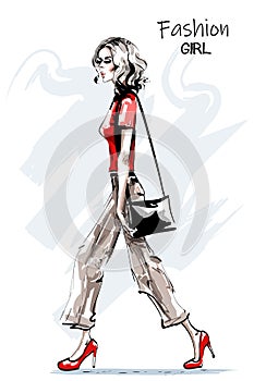 Hand drawn beautiful young woman fashion look. Stylish elegant girl with bag. Fashion woman full body portrait.