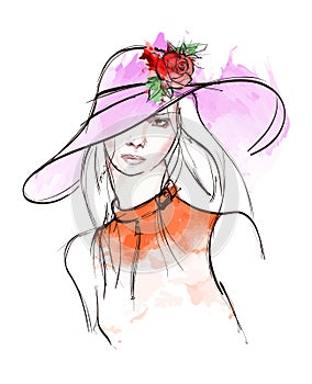 Hand drawn beautiful young woman with flower on a hat. Cute girl with long hair. Sketch.