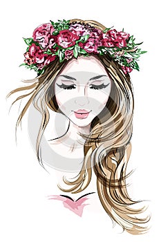 Hand drawn beautiful young woman in flower wreath. Cute girl with long hair. Sketch.