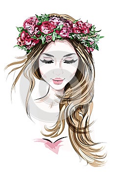 Pintado a mano hermoso mujer joven en flor guirnalda. lindo largo tiempo cabello. bosquejo 