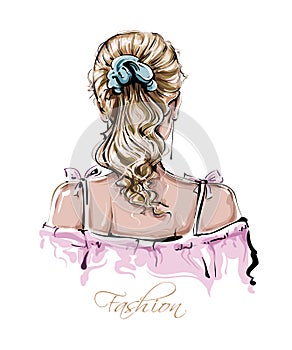 Hand drawn beautiful young woman hairstyle. Stylish female blonde hair. Fashion woman look. Sketch.